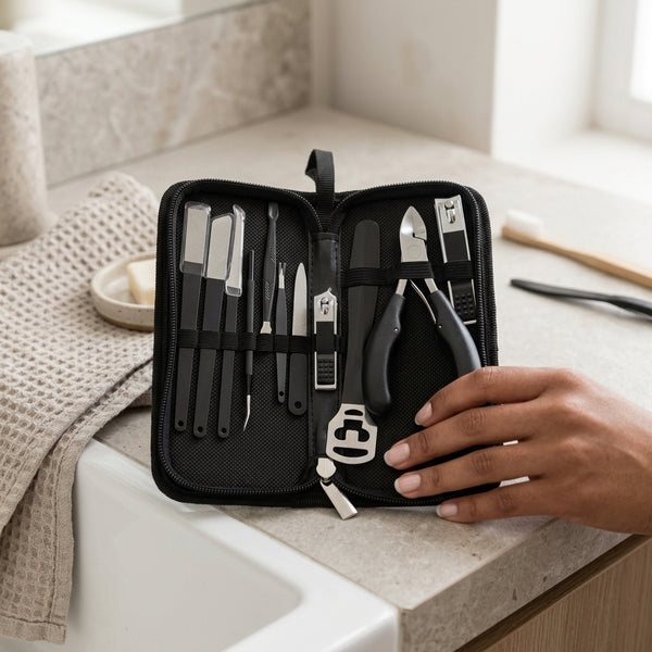 Professional Nail Care Tool Kit displaying essential grooming tools in an organized travel case.
