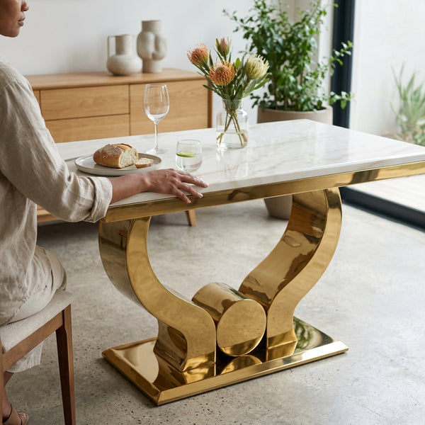 White MDF Table Top Modern Luxury Gold Legs Dining Table with elegant gold legs, perfect for dining or events.