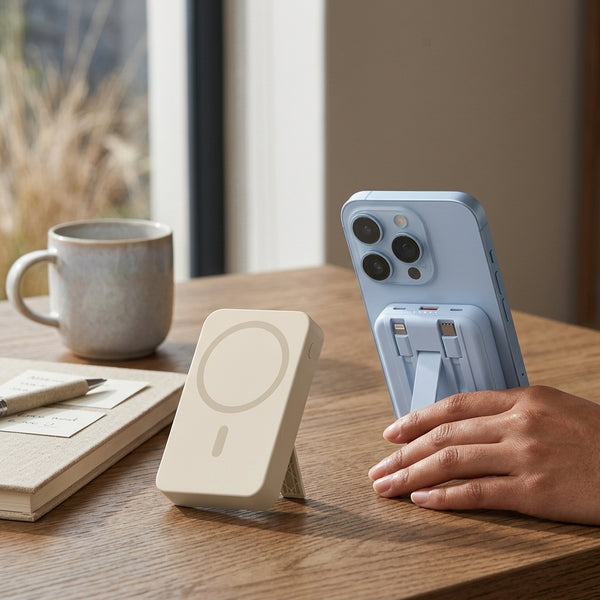 PD15W PD22.5W 10000mAh Magnetic Wireless Power Bank placed next to a smartphone on a wooden table with a coffee mug.