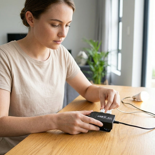 Woman using a H4 H7 LED Projector Headlight Lens at a wooden table with a light bulb in the background.