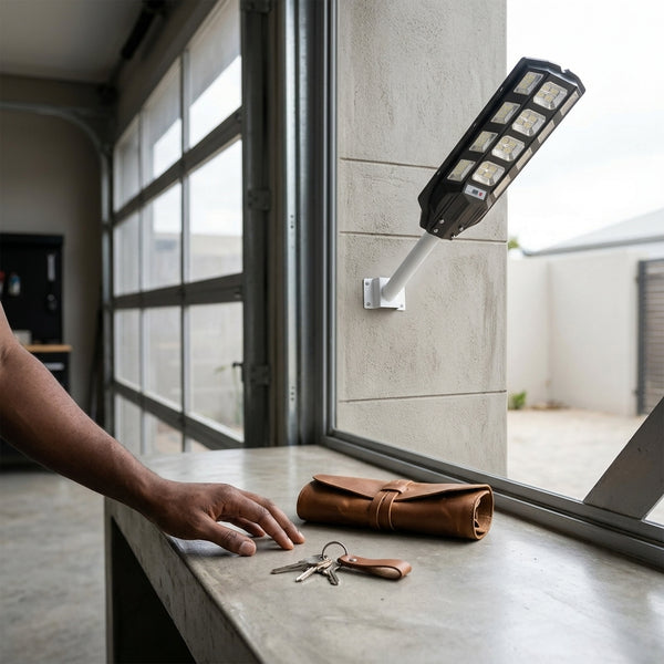 500W Solar Power System Street Light Lamp installed indoors with a hand reaching for keys on a table.