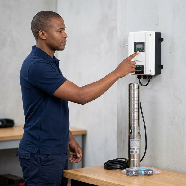 A technician operating a Solar Powered Water Well Pump control panel in a modern workspace.