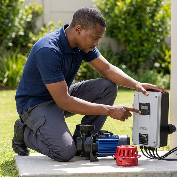 Man operating 12V 200W 0.3HP Solar Water Pump control panel outdoors.