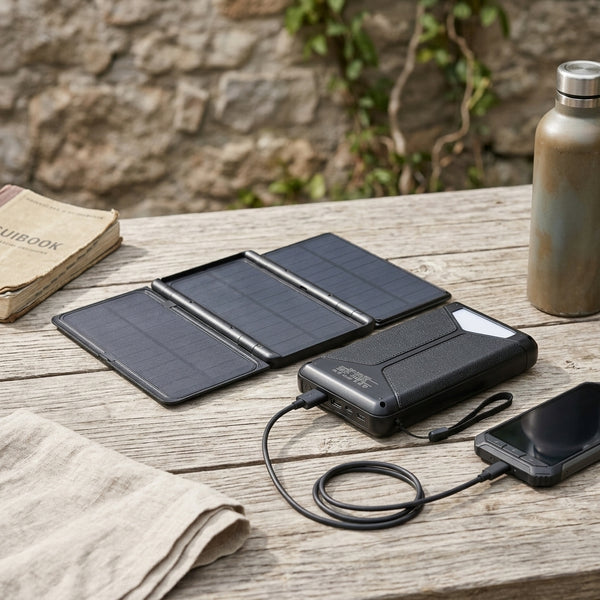 Multifunction Powerbank Folding Solar Panel 5W on wooden table with smartphone charging.