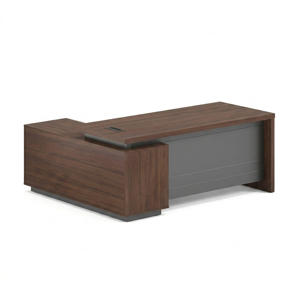 L-Shape Executive Office Desk with Side Cabinet in rich walnut finish, designed for home or corporate use.