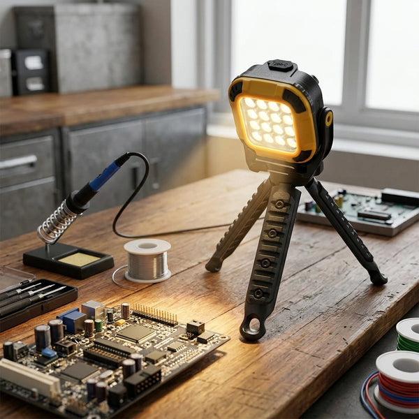 Outdoor Camping LED Light Set illuminating a workbench with tools and a circuit board in a workshop environment.