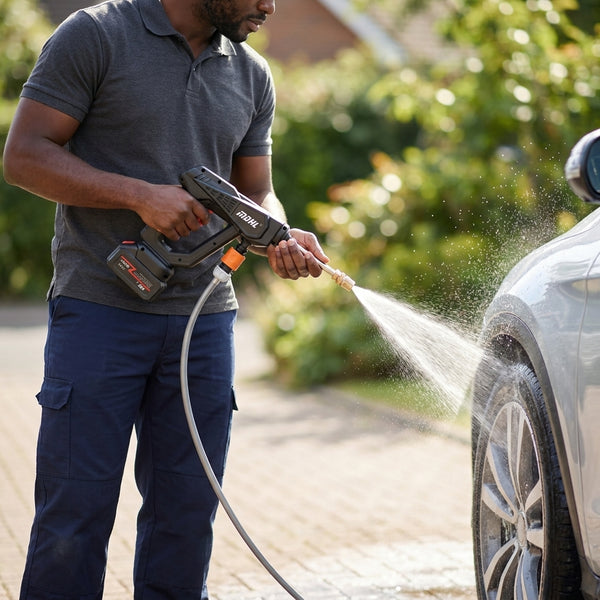 Man using Wireless Lithium Pressure Washing Machine to clean a car outdoors with a spray of water.