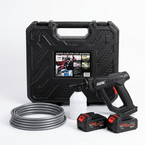Wireless Lithium Pressure Washing Machine accessories including water gun, batteries, hose, and storage case.