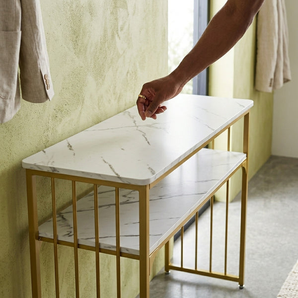 Nail Bar Station Salon Desk with marble top and gold frame, perfect for a professional nail salon setup.