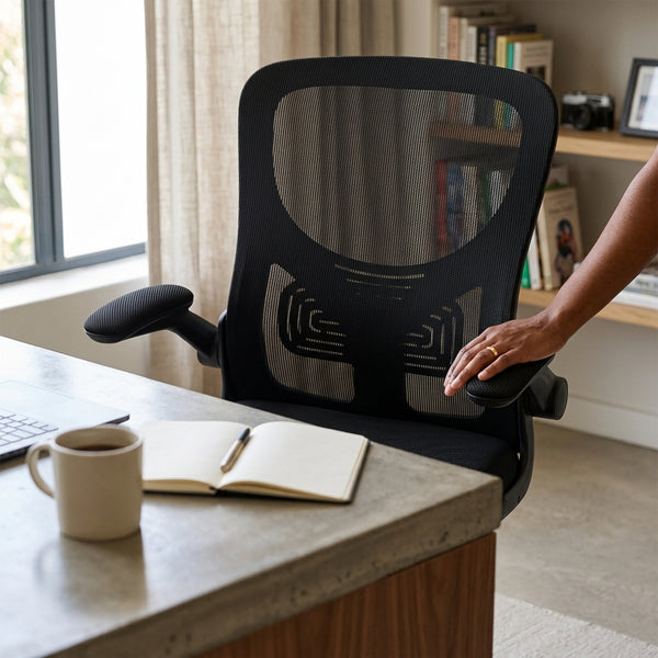 Adjustable Ergonomic Full Mesh Office Chair next to a desk, showcasing its breathable design and comfort features.