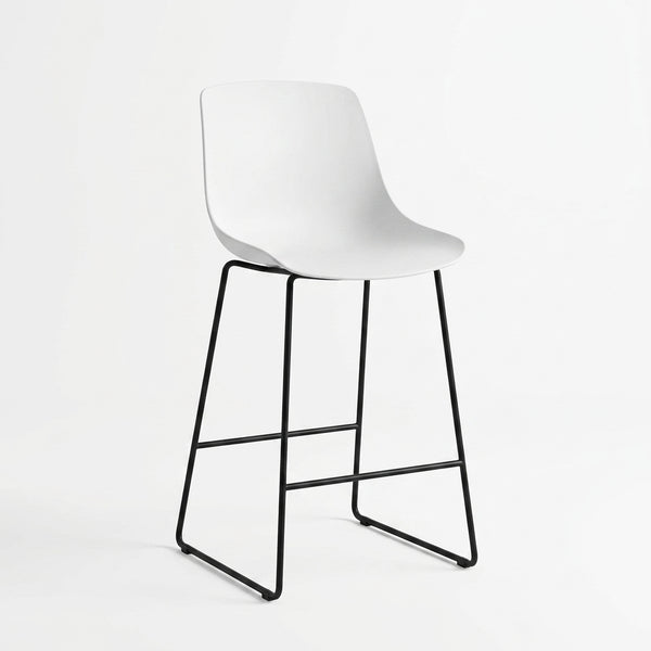 Commercial Bar Stool with PP Seat showcasing a white plastic seat and black metal legs, ideal for bars and cafes.