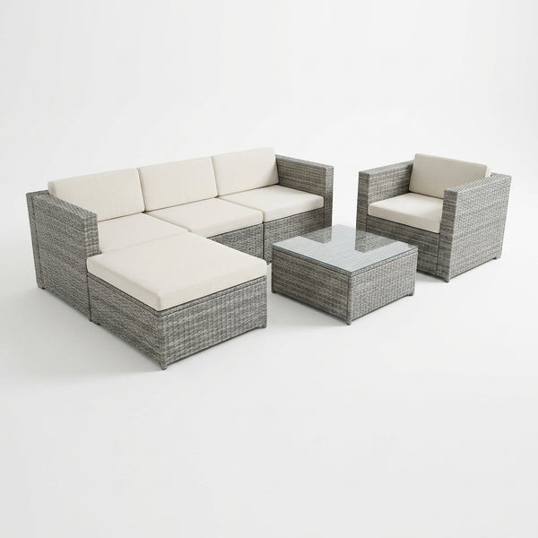5-Piece Modular Rattan Outdoor Sectional Set featuring a sectional sofa and coffee table with cushions.