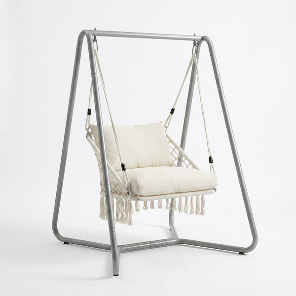 Macrame Hanging Hammock Chair with Steel Stand featuring a cozy seat and sturdy frame for indoor or outdoor relaxation.