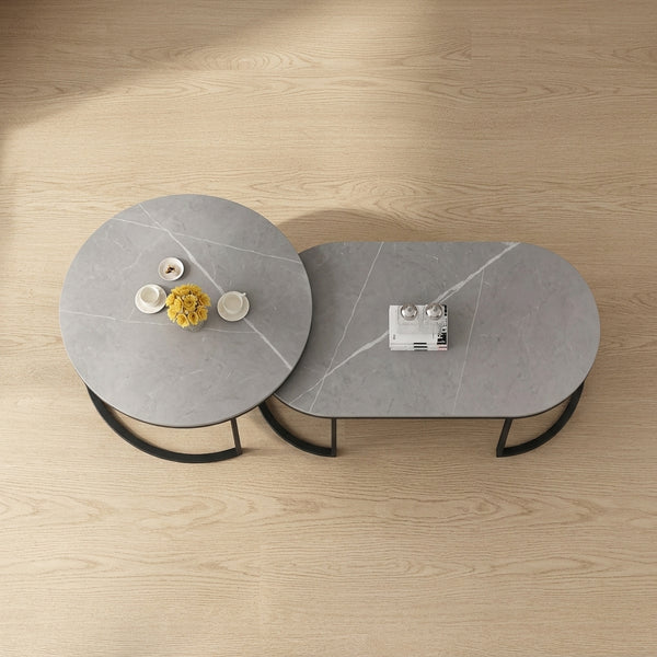 Oval Shelf Coffee Table with Storage in a modern living room setting with decorative items on top.