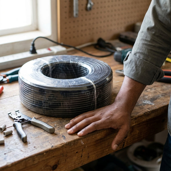 Super High Conductive Fence Wire roll on a workbench with tools nearby.