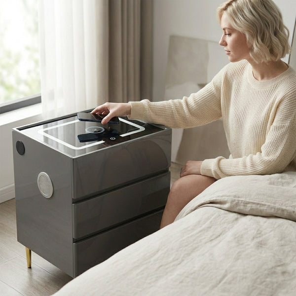 Smart Modern Simple Eco-Friendly Bedside Table with woman interacting with its features in a stylish bedroom setting.
