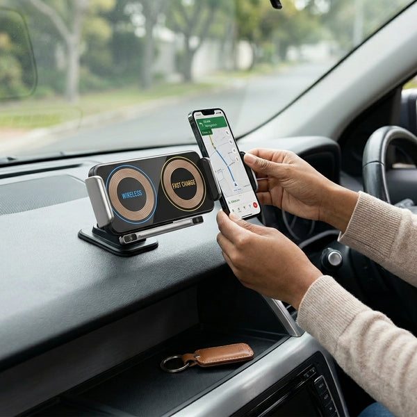 Electric Flexible Wireless Car Charger Mount in use, featuring a phone mounted for navigation and wireless charging.