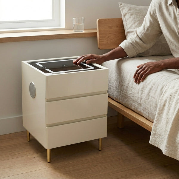 Smart Modern Simple Eco-Friendly Bedside Table with charging feature, stylish design, and storage next to a bed.