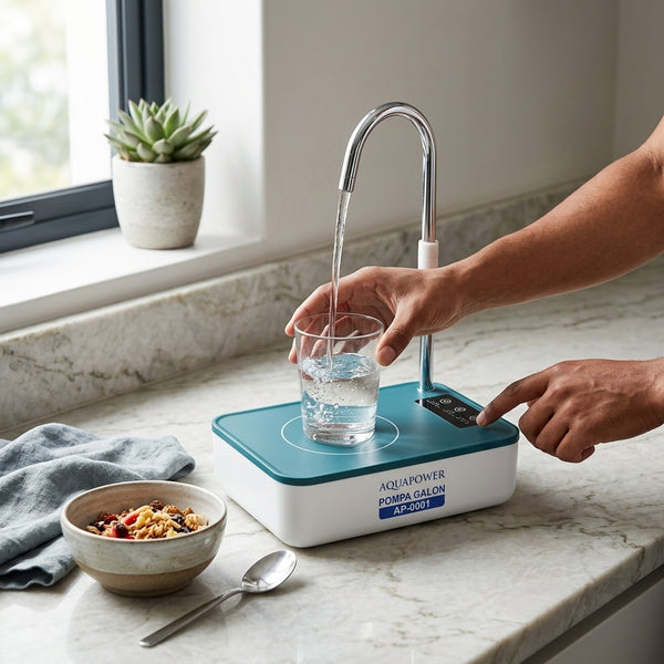 USB Desktop Water Bottle Pump Dispenser in use, filling a glass with water on a kitchen countertop.
