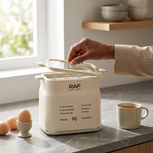 Digital Electric Egg Boiler with 6 Preset Cooking Modes in a kitchen setting with eggs and a cup of coffee.