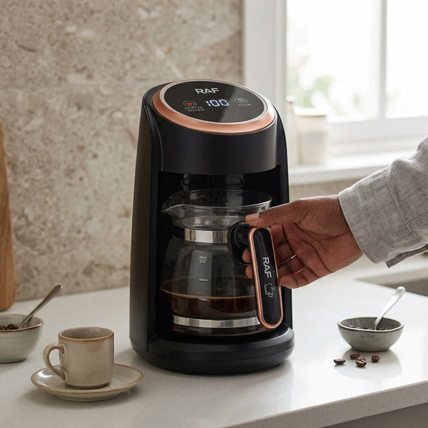 Electric Turkish Coffee Maker with Glass Carafe and Touch Controls in a kitchen setting.