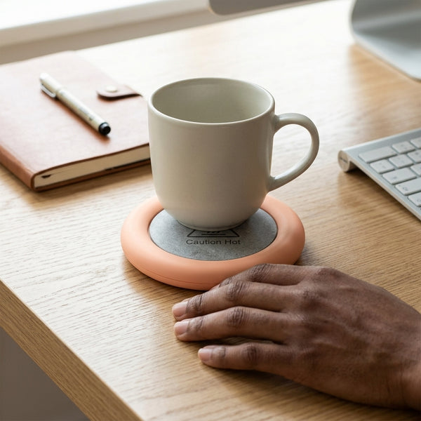 Thermostatic Heating Coaster keeping a drink warm on a wooden desk next to a notebook and keyboard.