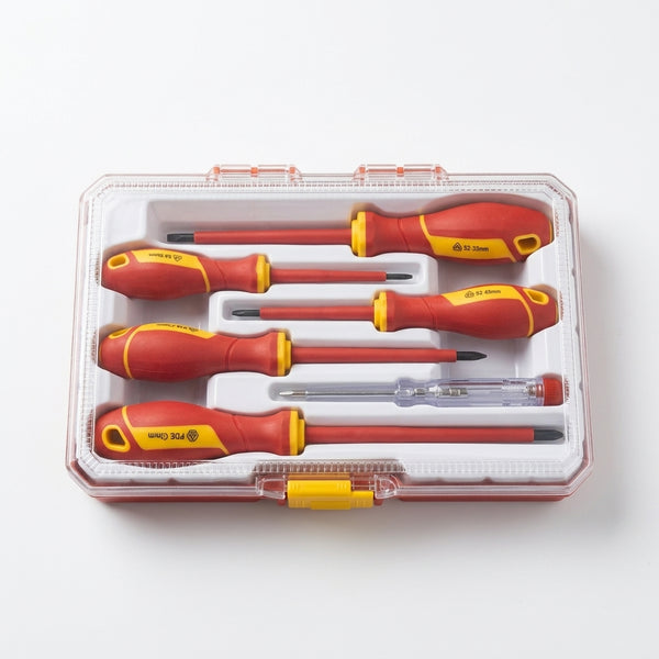 6-Piece Insulated Screwdriver Set with Voltage Tester in a clear storage case, featuring red and yellow handles.