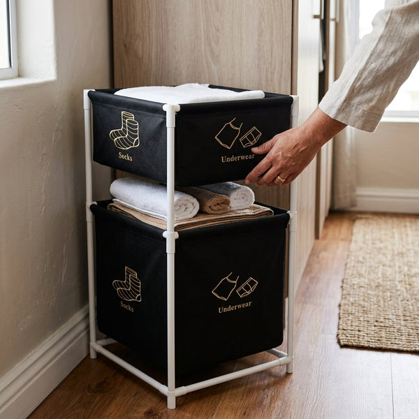 Double Layer Storage Rack with Metal Laundry Basket