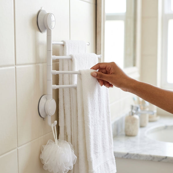 No Drill Swivel Towel Rack with 4 Bars and Hooks