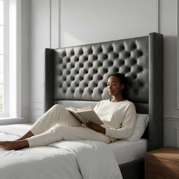 Button-Tufted Wingback Charcoal Headboard