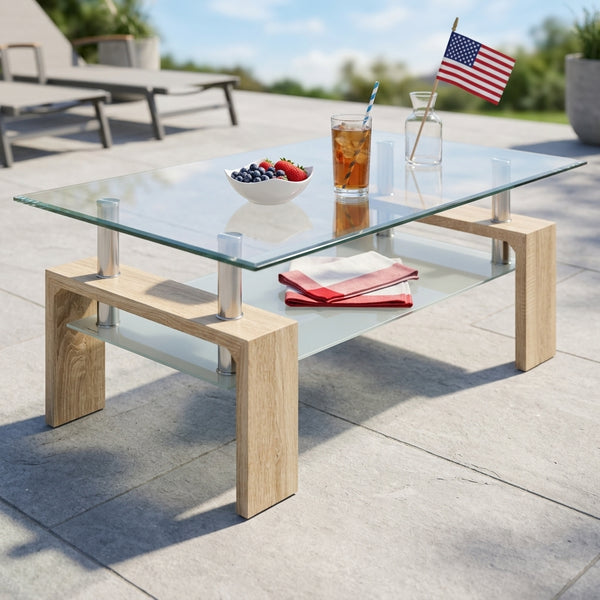 Glass Coffee Table with Wooden Accent