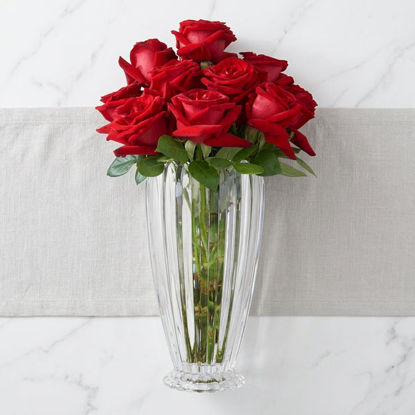 Ribbed Crystal Glass Flower Vase with Scalloped Rim