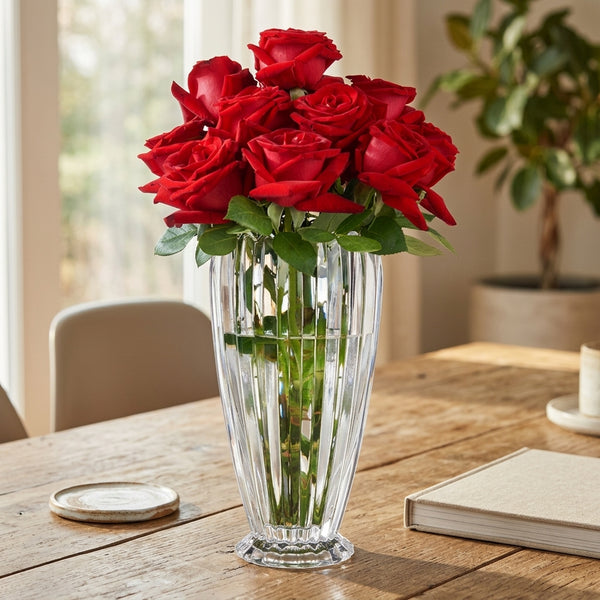 Ribbed Crystal Glass Flower Vase with Scalloped Rim