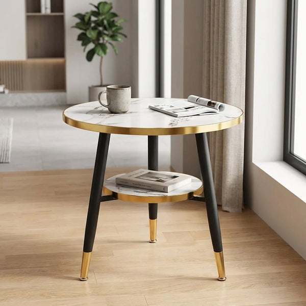 Round Marble Effect Side Table with Gold Trim and Lower Shelf