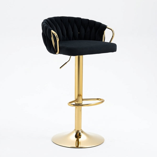Adjustable Velvet Bar Stool with Woven Back and Gold Frame