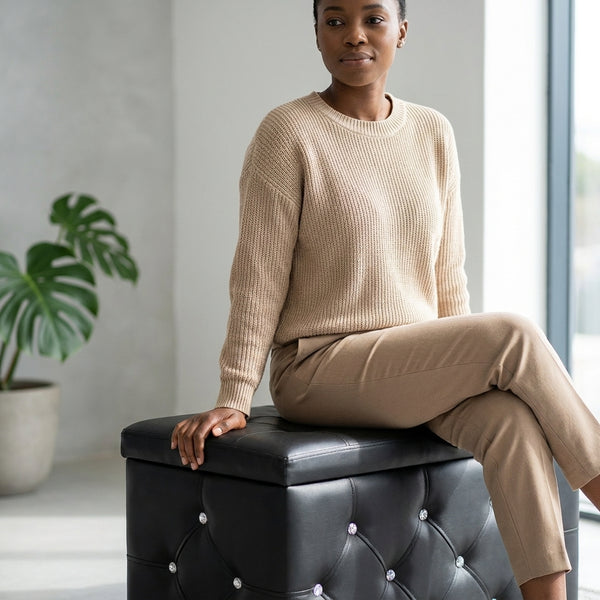 Button-Tufted PU Leather Storage Ottoman