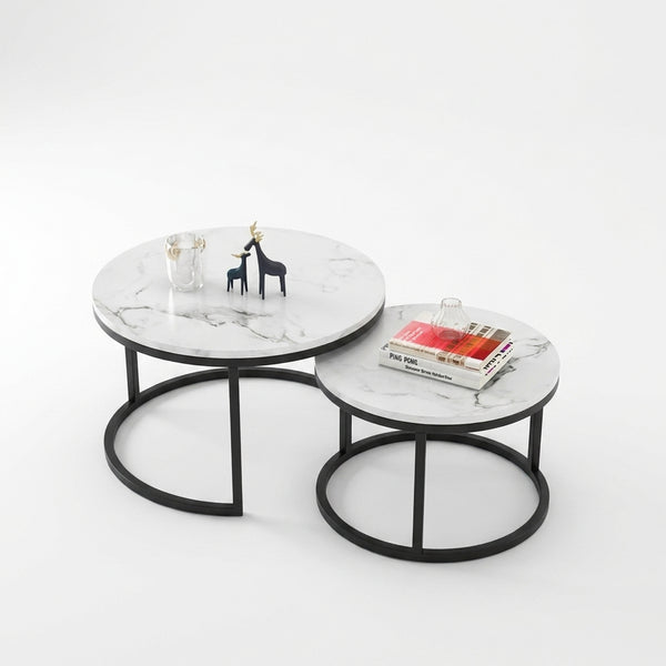 Round Marble Effect Nesting Coffee Tables with Black Metal Frame