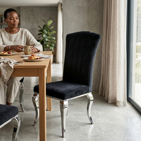 Black Velvet Upholstered Dining Chair with Silver Legs