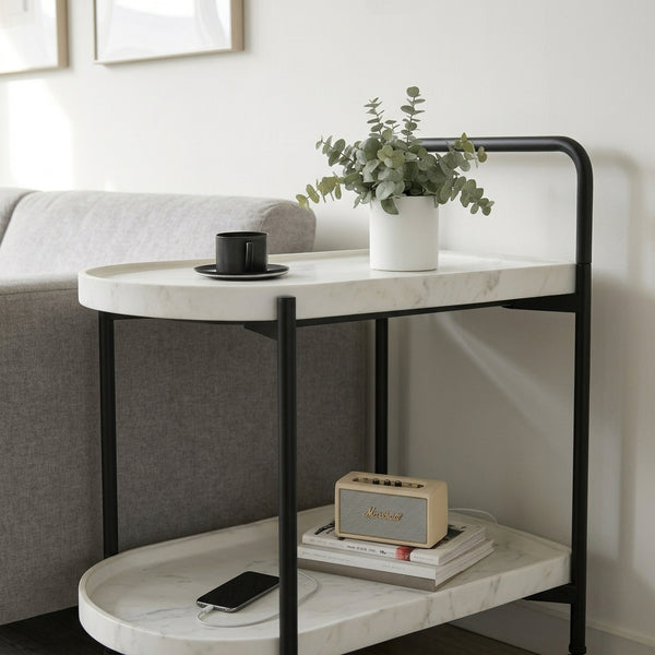 2-Tier Marble-Effect Side Table on Wheels with Black Metal Frame