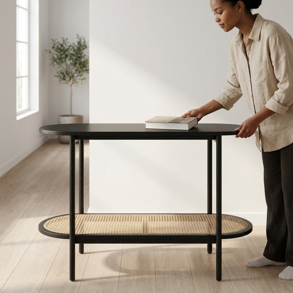 Stylish Modern Console Table with Woven Storage Shelf