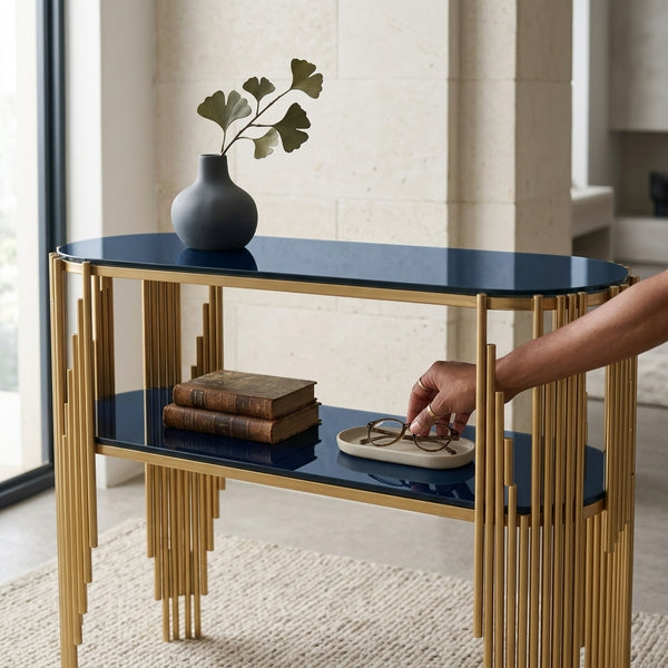 Modern Two-Tier Console Table with Decorative Metal Frame