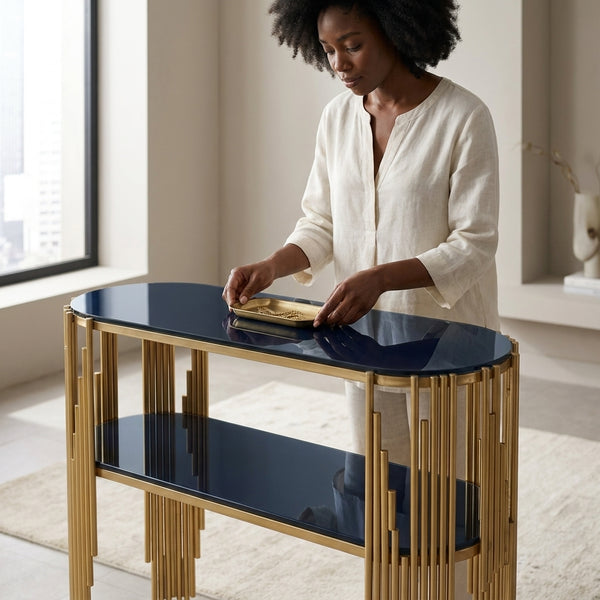 Modern Two-Tier Console Table with Decorative Metal Frame
