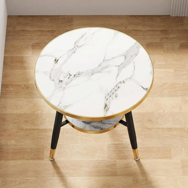 Round Marble Effect Side Table with Gold Trim and Lower Shelf