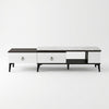 Stylish Modern Marble-Top TV Stand with Ample Storage featuring drawers and open shelving.