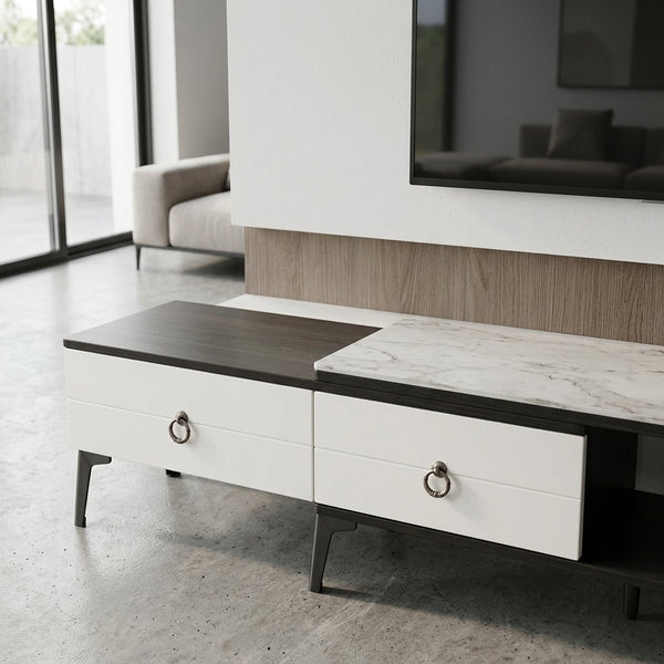 Stylish Modern Marble-Top TV Stand with Ample Storage featuring a sleek design and spacious drawers.