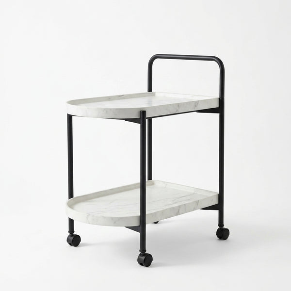 2-Tier Marble-Effect Side Table on Wheels with Black Metal Frame