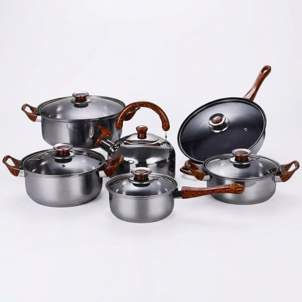 12 Piece Pot Set Stainless Steel Base with Wooden Grain Finish
