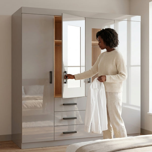 4-Door High Gloss Wardrobe with Drawers and Mirror Panels