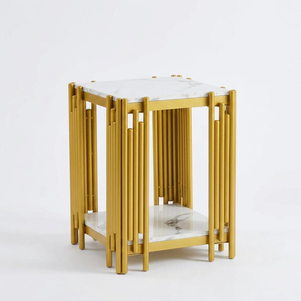 2 Tier Faux Marble Side Table - Space-Saving Elegance