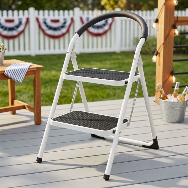 Modern 3-Step Folding Steel Stool with Storage Shelf